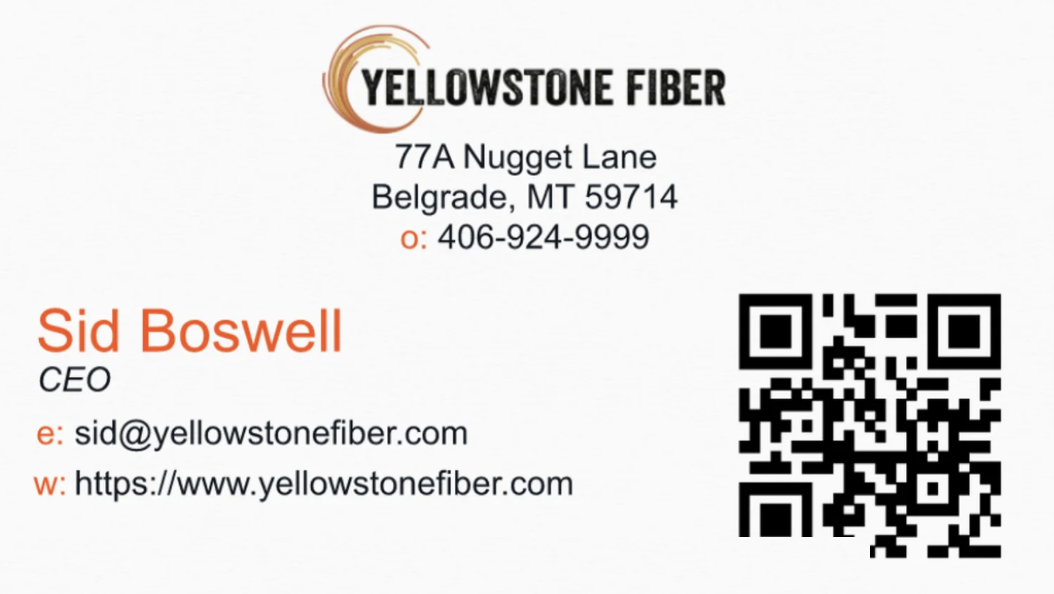 Business card for Sid Boswell, CEO, Yellowstone Fiber, Belgrade, Montana